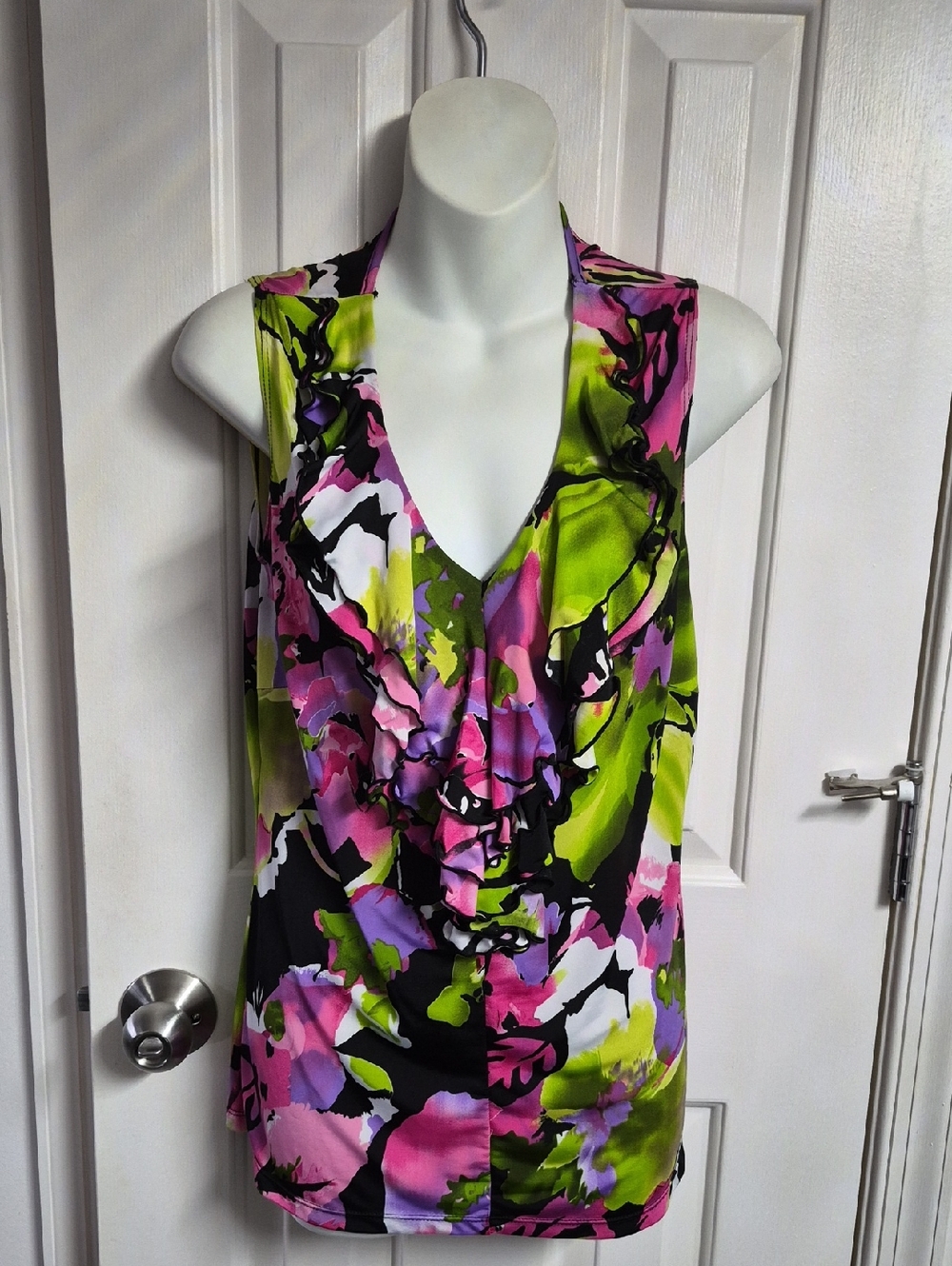 dressbarn Pink, Purpke & Lime Abstract Ruffle V-Neck Camisole